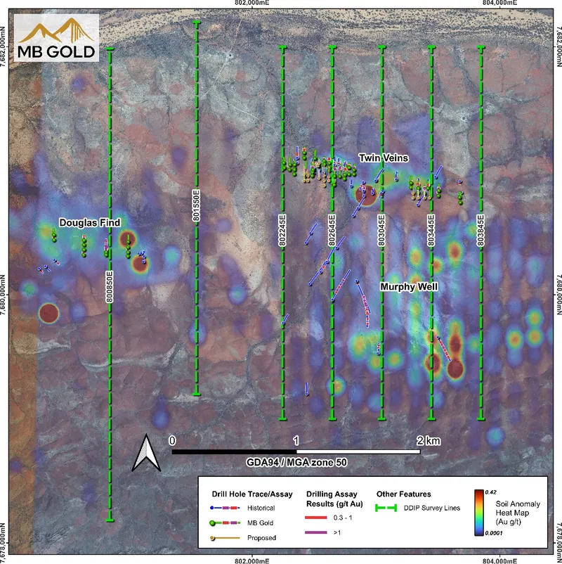 DDIP lines (green dashed) overlying gold in soil geochemical anomalism over satellite imagery. Drill collars and prospects shown