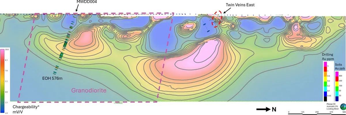 Section 803445mE highlighting potential “near miss” of drillhole MWDD004 with increased density of anomalous gold assay results proximal to the nearby higher c…