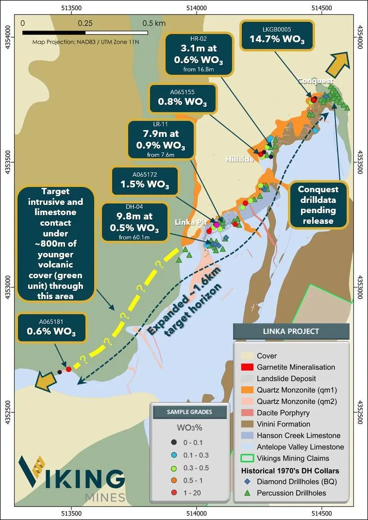 Linka Project claim and geology map showing the three historical mines and the ~1.6km mineralised target corridor