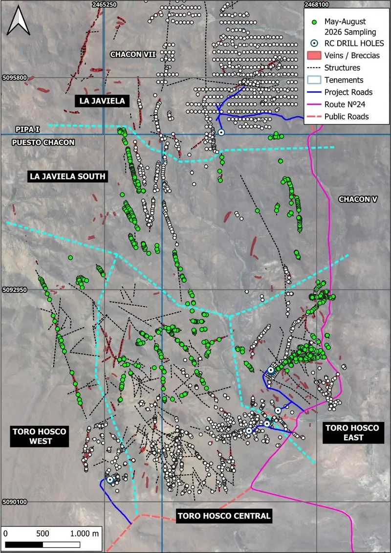 Map of samples collected. Green dots represent location of rock chip results collected between May and September 2026