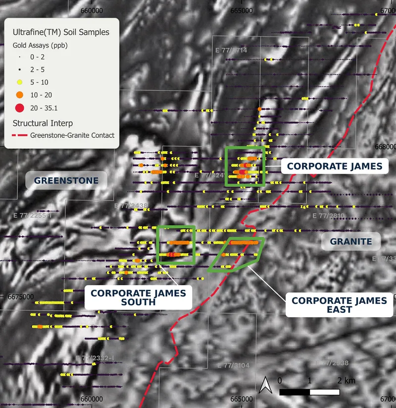 Corporate James, Corporate James South and Corporate James East gold-in-soil anomalies within the Corporate James Trend, over TMI 1VD magnetics (refer ASX rele…