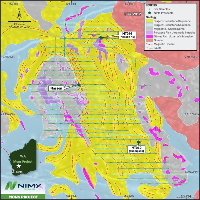 Interpreted geology of the Masson Dome and surrounds with soil samples overlain (refer ASX release 19/08/2026)