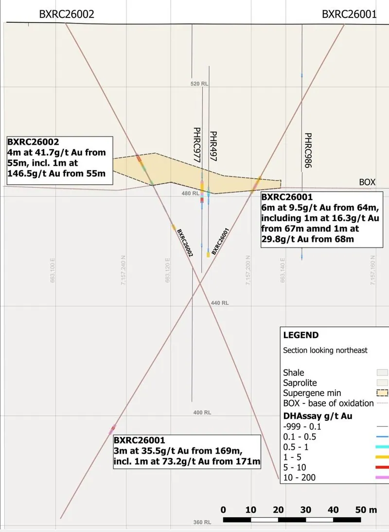 Interpreted drill cross-section at Baxters Sth, looking northeast; historic drill holes are projected onto the section