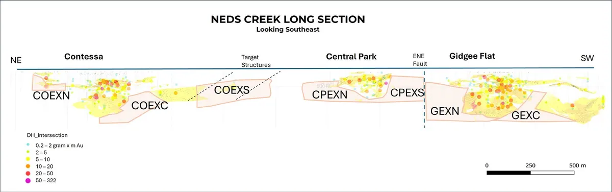 Long section looking southeast across the Contessa, Central Park and Gidgee Flat deposits, showing gold mineralisation, drillhole intersections and interpreted…