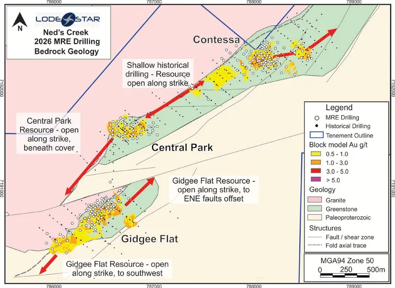 Interpreted geological map of the Ned’s Creek Project showing the relationship between the Mineral Resource locations and the interpreted geology