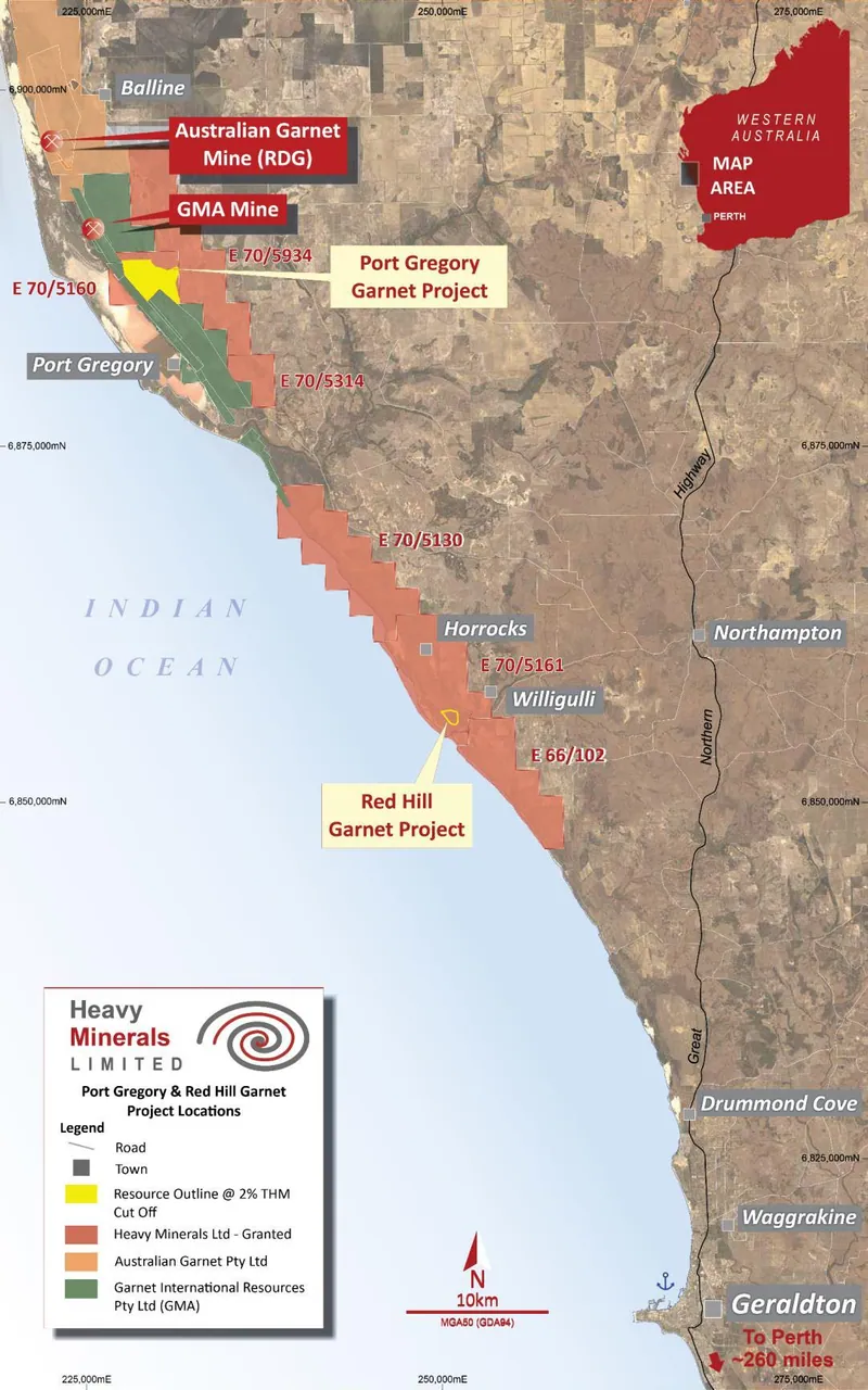 Project locations - Port Gregory and Red Hill garnet projects