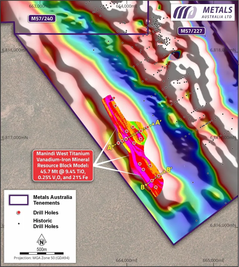 Manindi West VTM Mineral Resource (shown as coloured resource blocks) with drill hole collars shown (red)