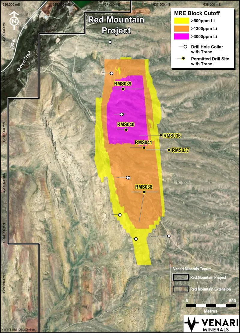 Recently permitted drill sites and previous drilling over MRE block model coloured by lithium cut-off grade