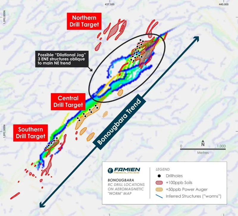 Location of planned/completed RC drill holes on the 5km long Bonougbara Trend, along with gold-in-soil and gold-in-auger anomalies over a wavelet analysis deri…