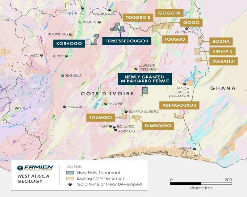 Birimian Belts in West Africa, showing Famien’s ground position in Cote D’Ivoire, highlighting new ground acquisitions reported in the September Quarter (grey…