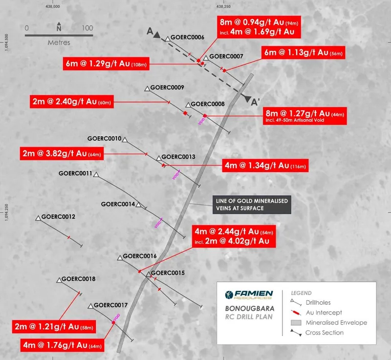 Bonougbara North Target Drilling – plan view showing drill traces