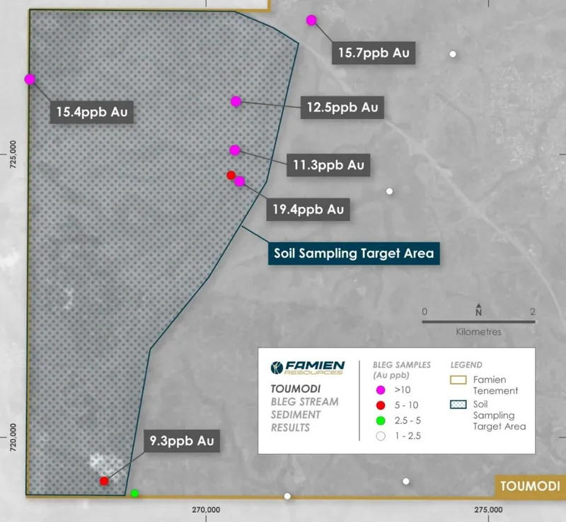 Map of the western portion of the Toumodi Permit, showing gold-anomalous BLEG stream sediment results and the area of follow-up soil sampling