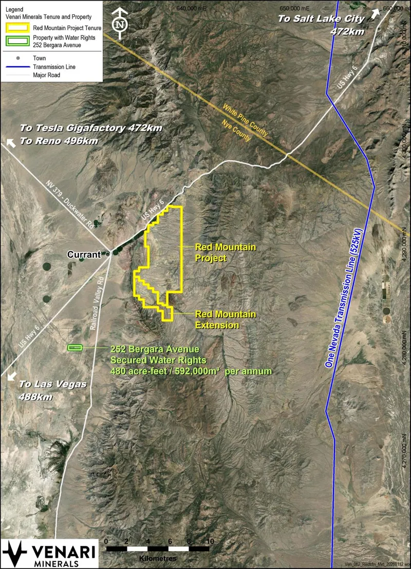 The Red Mountain Lithium Project is well serviced by road and power, with nearby private water rights secured