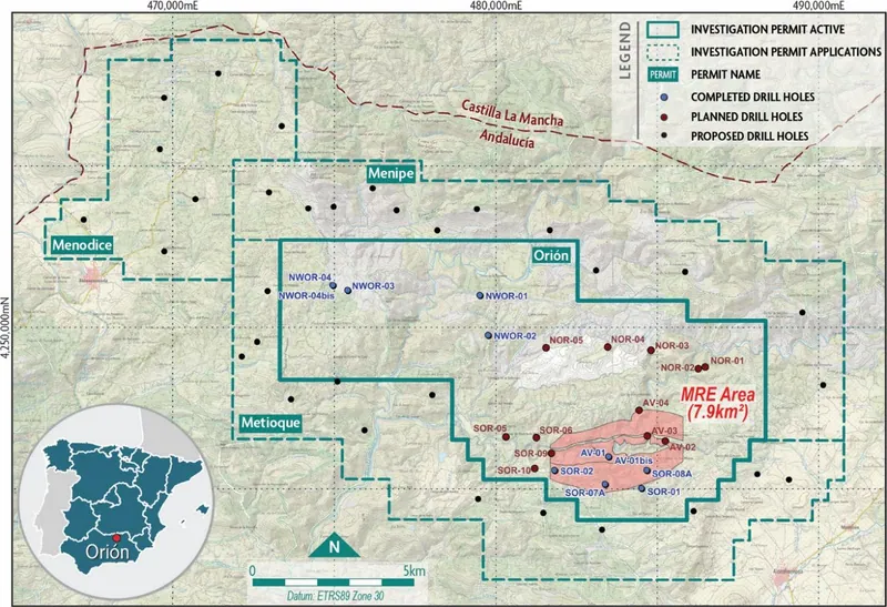 Map showing location of drill holes at the Orión EU Critical Minerals Project