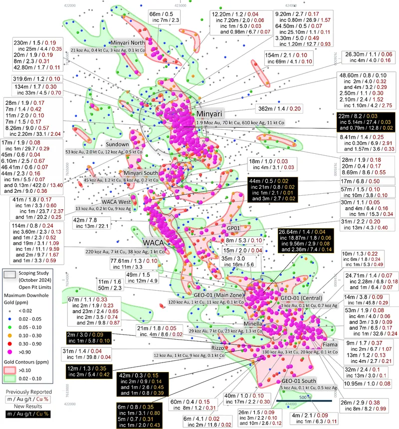 Map from Antipa Minerals Limited’s announcement “Thick High-Grade Gold intercepts returned at Minyari Deposit”