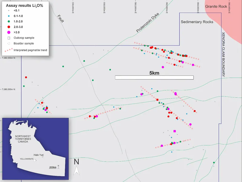 High Grade lithium rock chip samples have defined several multi-kilometer pegmatite trends at the Company’s Halo Yuri Project 220km NE of Yellowknife in the No…