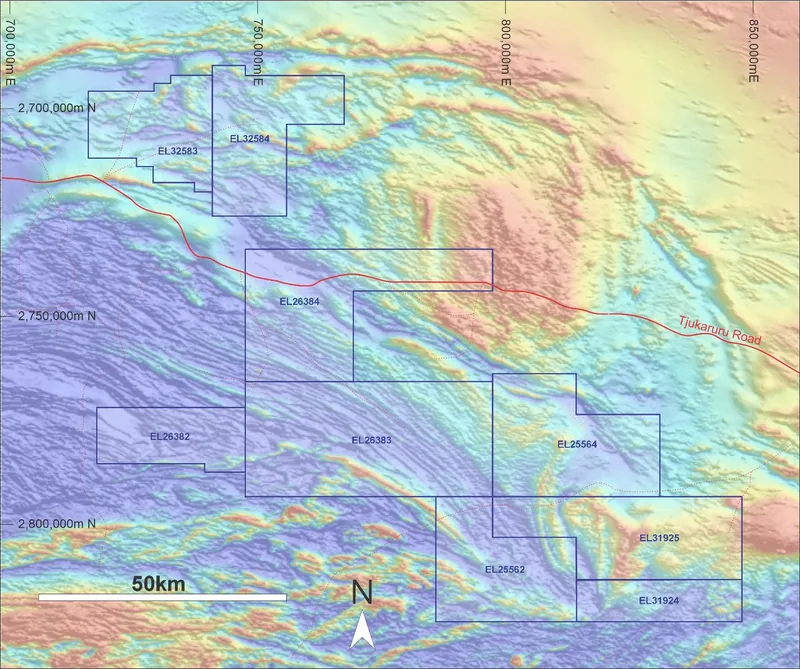 Xenora’s Petermann Range exploration licence applications in the West Musgrave region of the Northern Territory over TMI magnetics