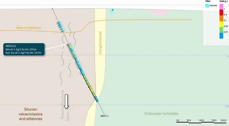 Cross section 6313800N through oxide gold mineralisation in BRD012 (30m section) hosted in the Hillston Structure