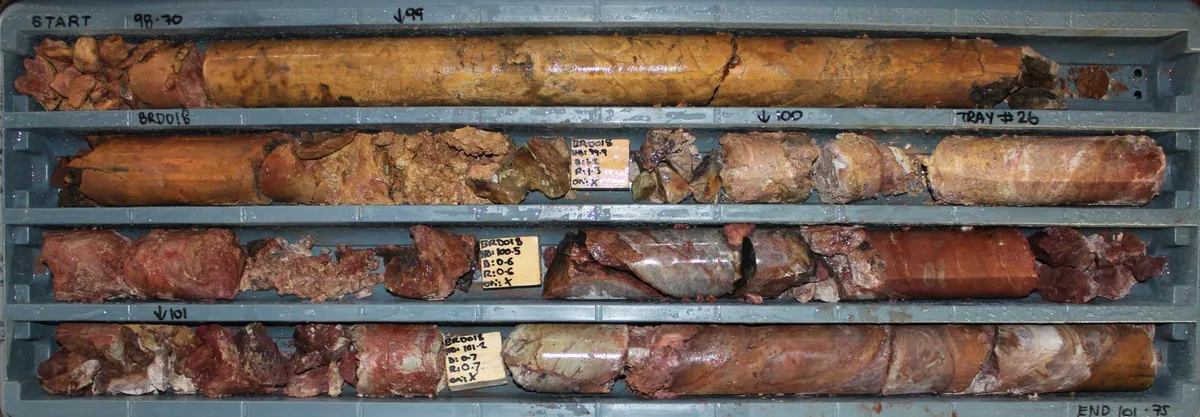 Historic BRD018 core showing the newly assayed oxide interval of 3m at 2.0g/t Au & 14g/t Ag from 99m, including 1m at 4.2g/t Au & 12g/t Ag from 100m