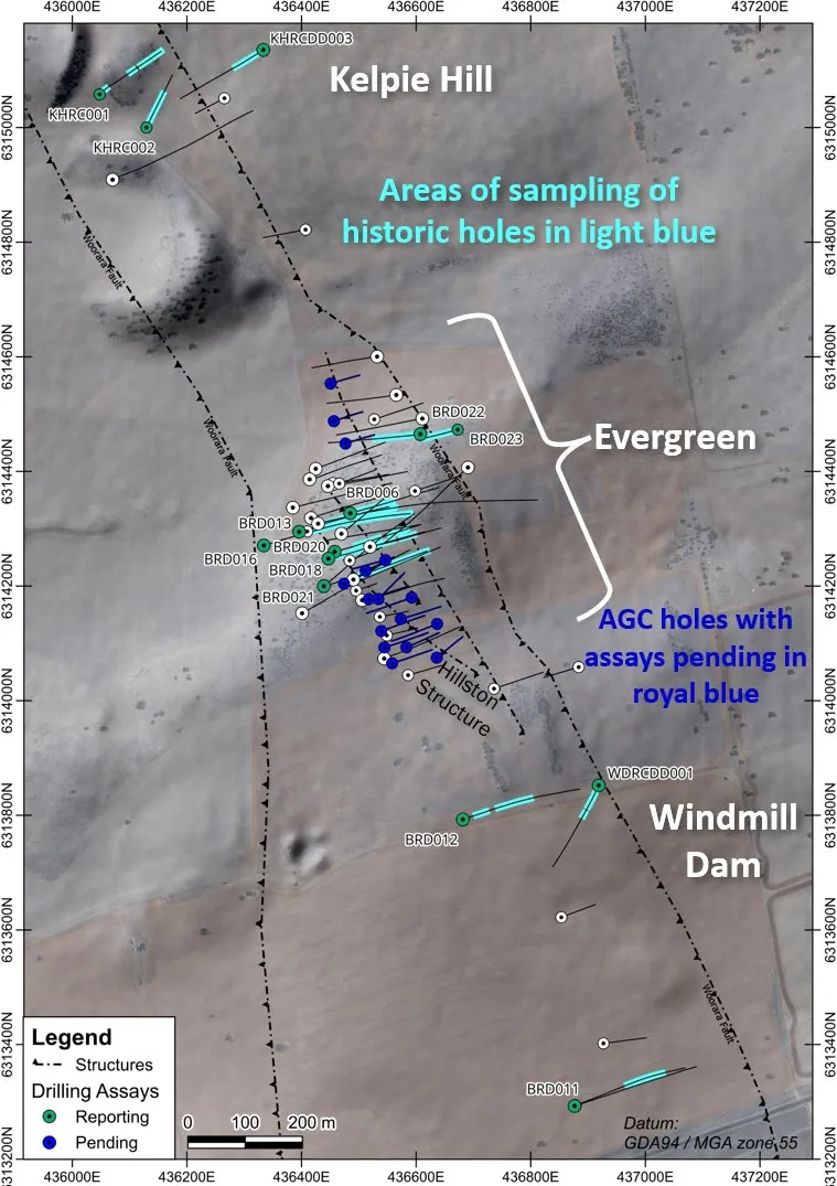 Plan view showing historic holes included in the sampling program. Sampled intervals are shown in light blue