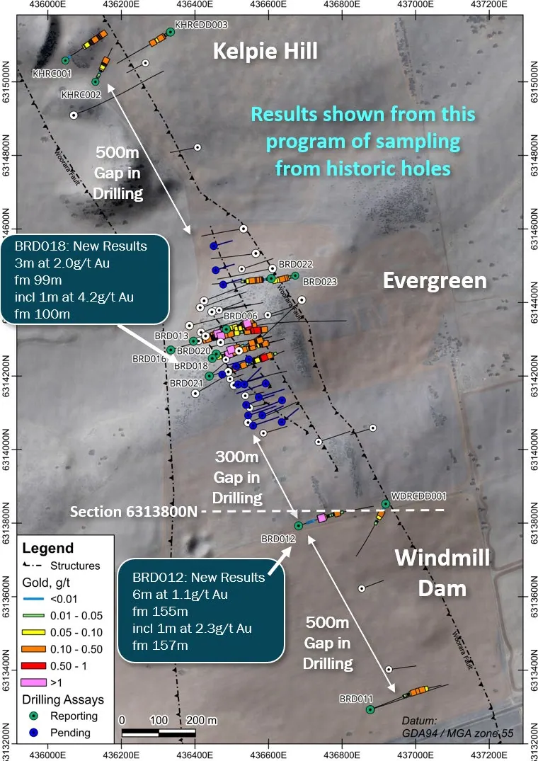 Plan view showing gold assays from this historic sampling program. Silver, copper, lead and zinc are not shown
