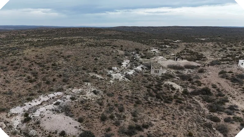 Aerial view over historical fluorspar workings, West Sierra Grande Fluorspar Project