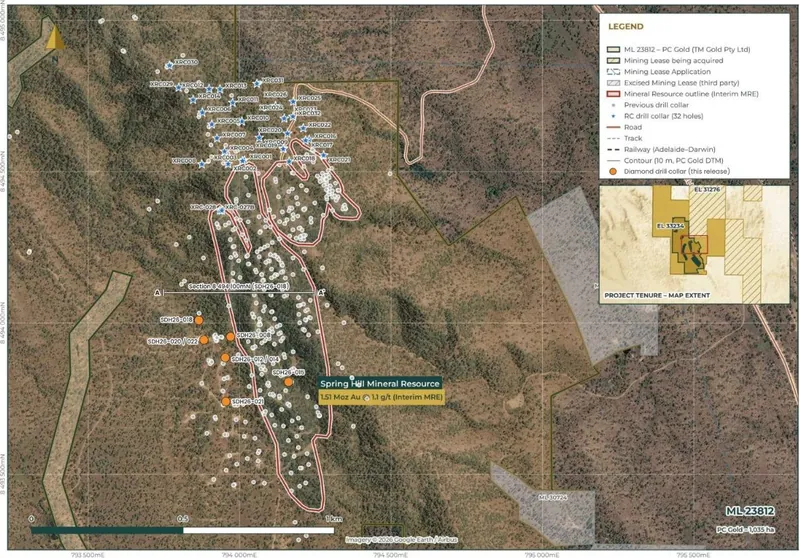 Spring Hill diamond drill collars reported in this release (orange), RC drill collars, Mineral Resource outline (Interim MRE
