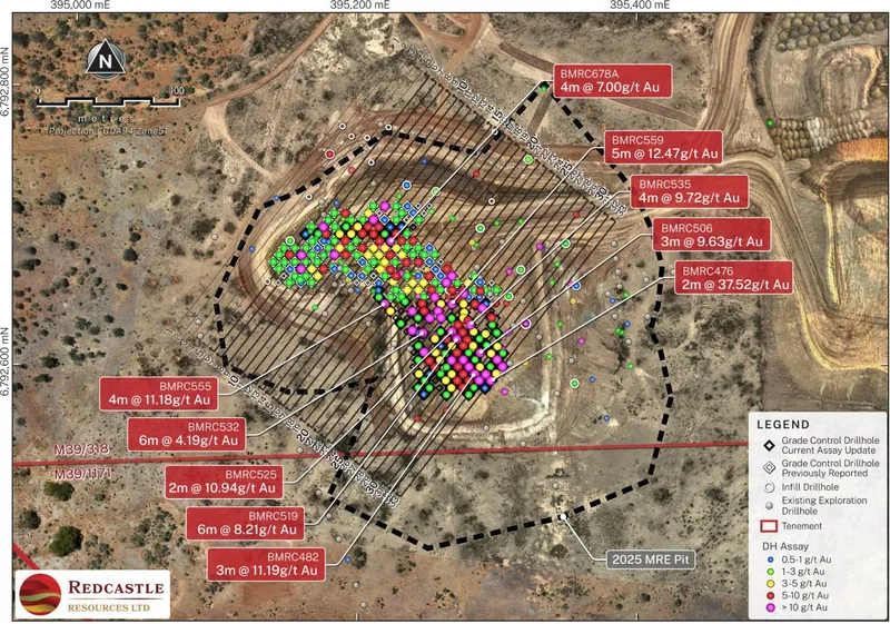 Queen Alexandra plan view showing grade-control drillholes, section lines, assay distribution and 2025 MRE conceptual pit
