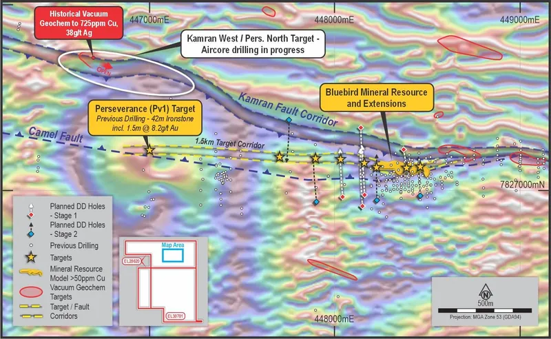 Bluebird discovery, major fault-target corridors and proposed drilling with gravity inversion on RTP magnetics image