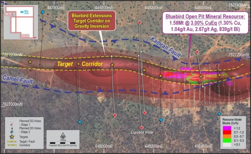 Bluebird Resource, plan view gravity inversion, major faults interpretation and drilling targets corridor