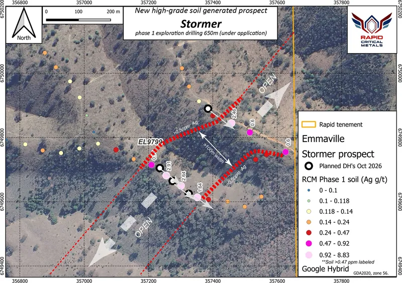 Stormer prospect: phase 1 soil silver results (ppm Ag; samples above 0.47 ppm labelled), anomaly outlines above 0.5 ppm Ag (red dashed), the interpreted corrid…