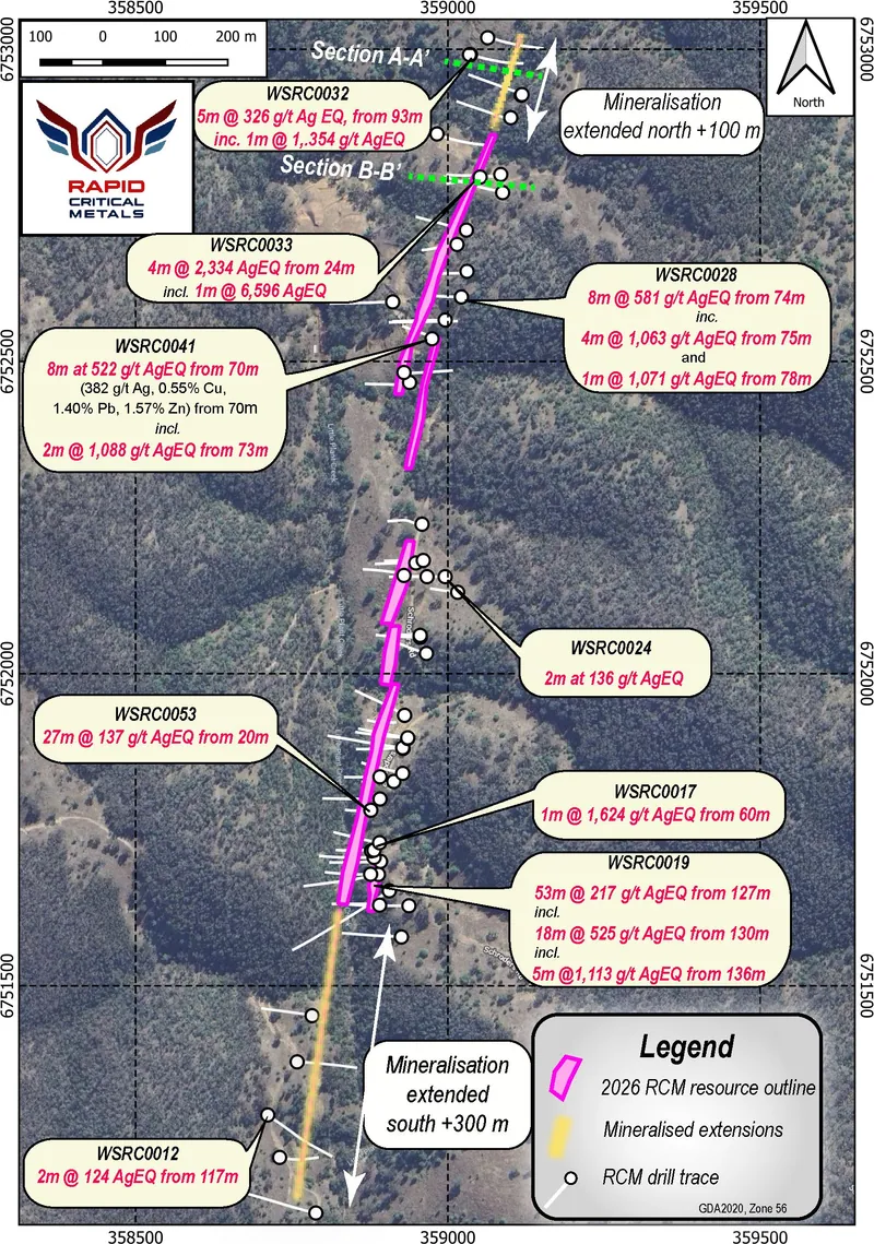 Plan of Webbs drilling showing RCM drill traces, the Webbs resource outline projected to surface (pink), the mineralised extensions 300m south and more than 10…
