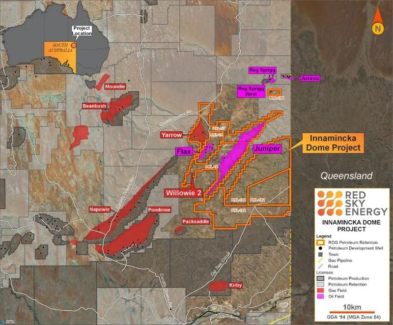 Innamincka Dome Projects location map with Yarrow and Willowie highlighted