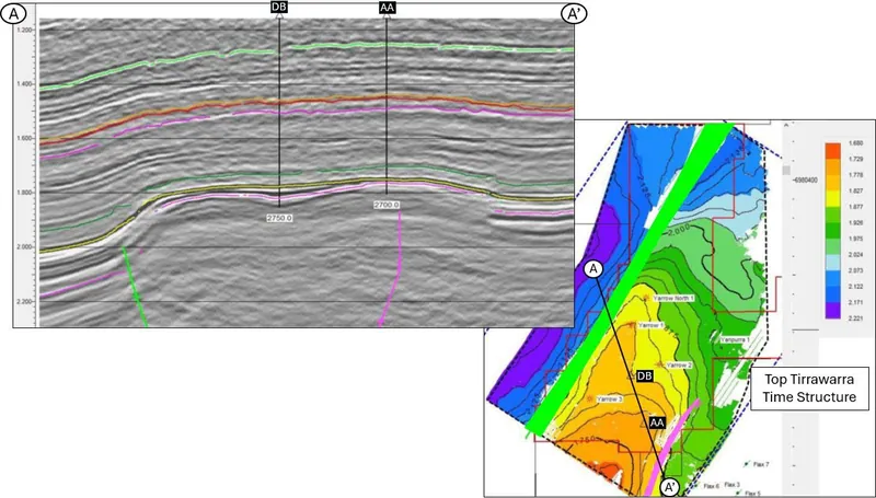Yarrow field structure map and seismic section showing the 2026 Yarrow development well locations as presented prior to drilling (A–A′ cross-section)