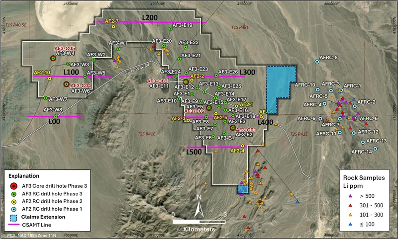 Summary Of Exploration Activities at the Alkali Flats Project, Showing Surface Sampling Locations, Phase 1–3 Drillholes, CSAMT Survey Lines And Claims Extensio…