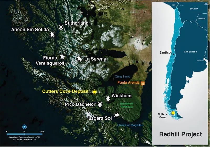 Redhill Project location, southern Chile, showing location of Cutters Cove Deposit and other key prospect areas