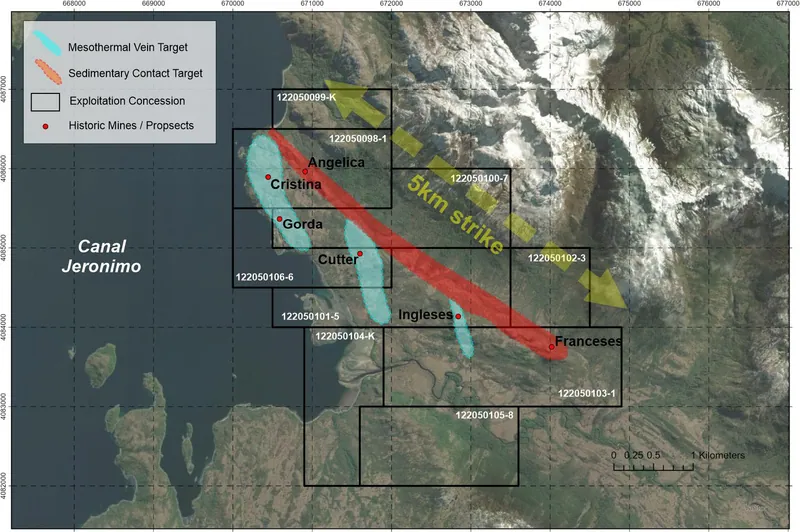Map of Cutters Cove Exploitation Concessions, with outline prospects / mines, as well as exploration focus