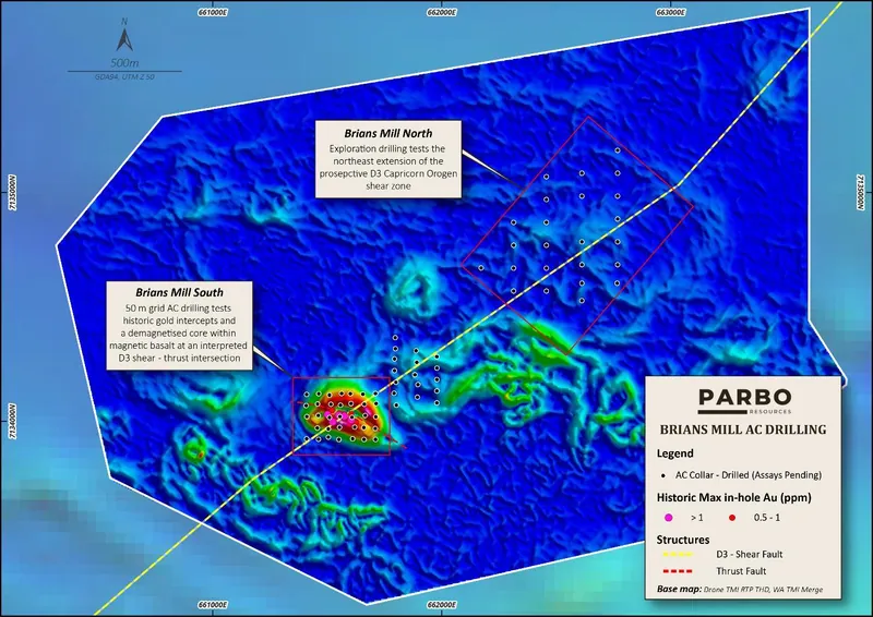 Brians Mill drone magnetics (TMI) showing Parbo’s 2026 AC collars, historic drilling and interpreted structures (refer ASX announcement 20261001)