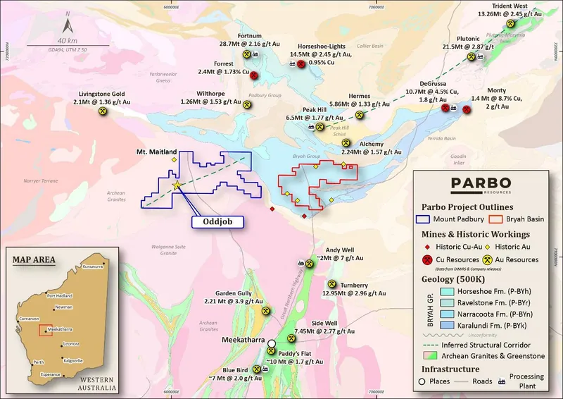Regional geology and major gold and copper operations, showing Parbo’s Mount Padbury and Bryah Basin Projects