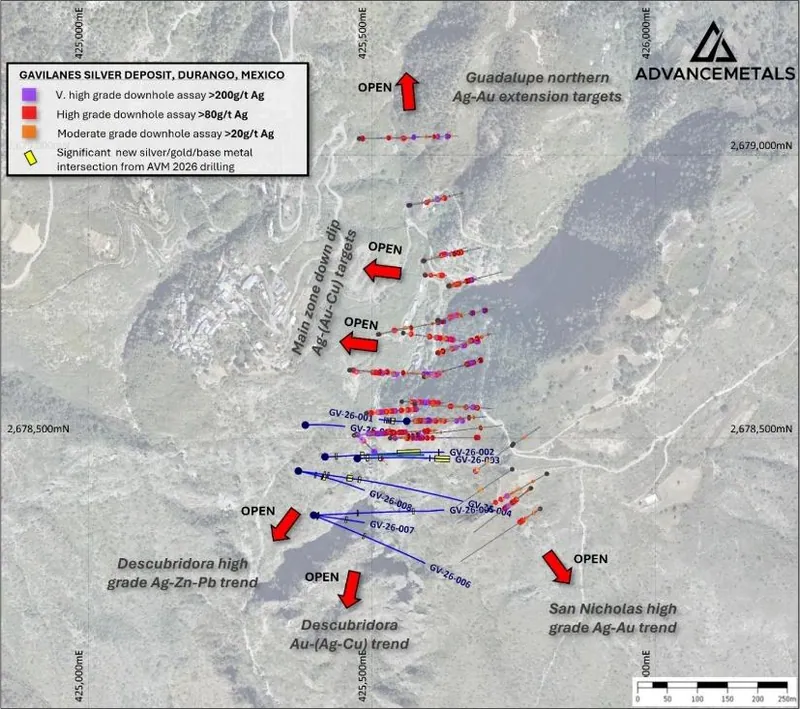 Plan view of the Gavilanes Project showing previous drill holes with downhole silver grade along with Advance’s key drilling targets