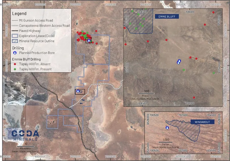 Production bore locations at Emmie Bluff and Windabout. Monitoring bores have been drilled on the same cleared pads, within 50m of their associated production…