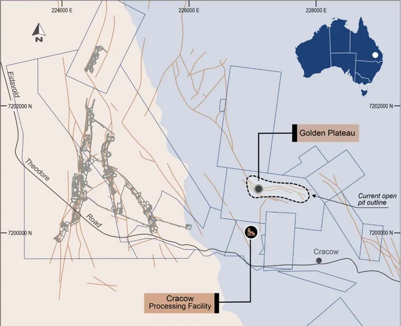 Plan view showing the location of the Golden Plateau deposit, Cracow processing facility and current underground operation at the Western Vein Field