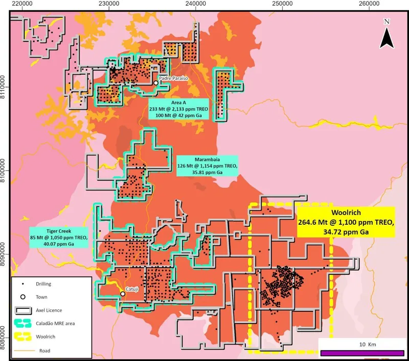 Caladão Project Mineral Resource areas showing Area A, Marambaia, Tiger Creek and the upgraded Woolrich Mineral Resource Estimate