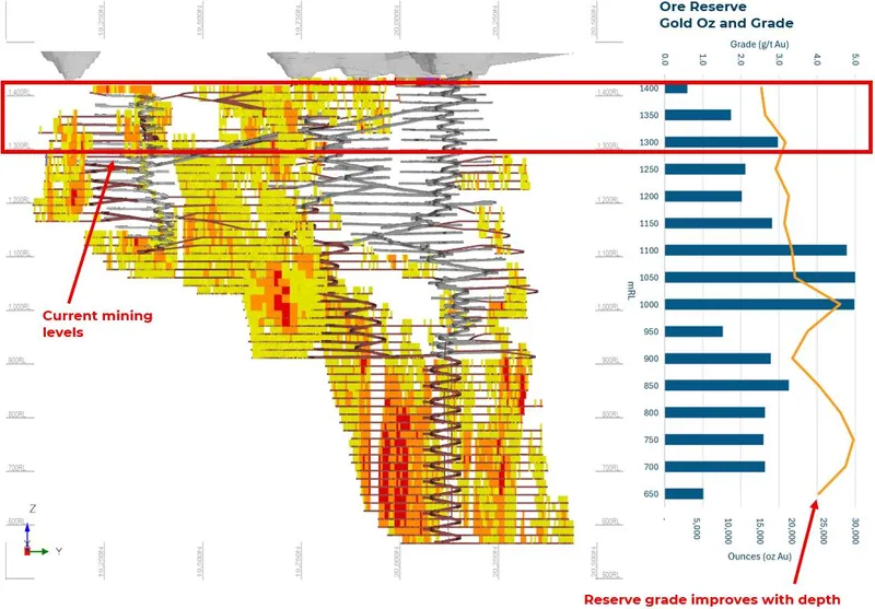 Long section showing Andy Well underground mine, the current mining horizon and the Ore Reserve ounces / grade by 50m level increment