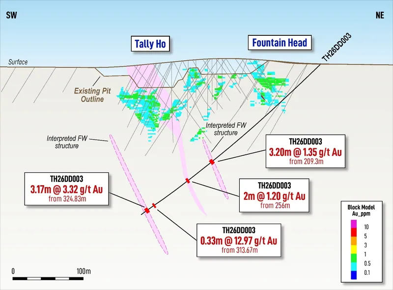 Cross-section through the Tally Ho – Fountain Head mineralised system at TH26DD003 showing reported gold intercepts, the existing Mineral Resource Estimate and…