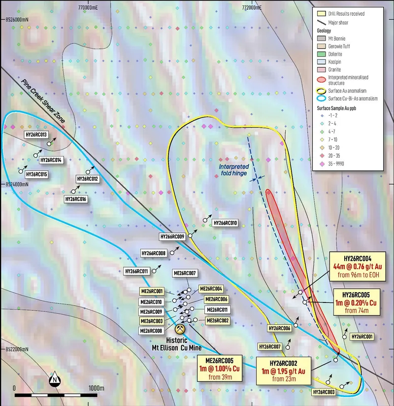Plan view of Hydra and Hydrellison holes showing recent RC holes with PTN surface sampling